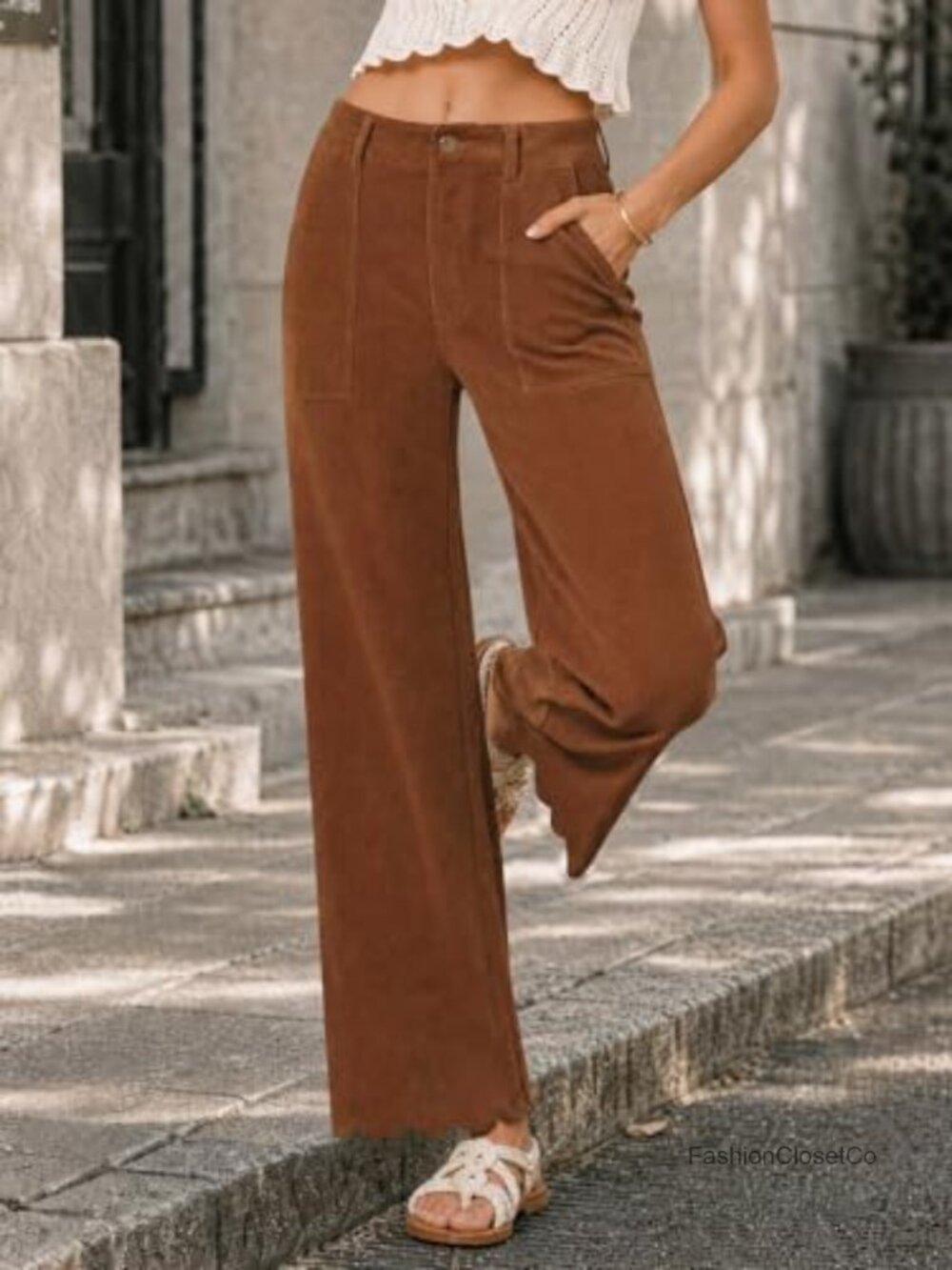Corduroy Wide Leg Pants with Pockets High Waist Scalloped Hem - Picture 5 of 6